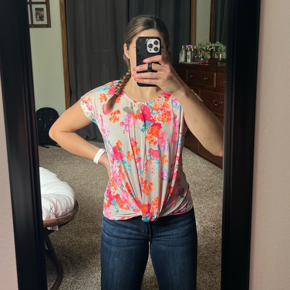 Pulse Boutique Pink and Orange Floral Women’s Front Tie Top